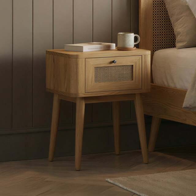Oak Rattan Bedside Table