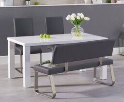 Seattle 160cm White High Gloss Dining Table with 4 Grey Austin Chairs and 2 Grey Benches