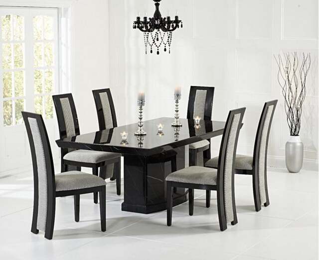 Carvelle 160cm Black Pedestal Marble Table with 6 Black Novara Chairs