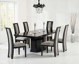 Carvelle 160cm Black Pedestal Marble Table with 6 Black Novara Chairs