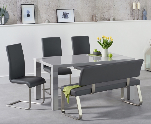 Seattle 160cm Light Grey High Gloss Dining Table with 2 Grey Austin Chairs and 1 Grey Bench