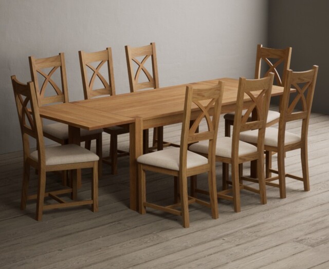 Extending Thetford 150cm Solid Oak Dining Table with 8 Linen Natural Solid Oak Chairs