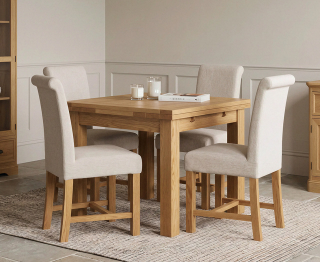 Extending Buxton 90cm Solid Oak Dining Table with 4 Natural Braced Chairs