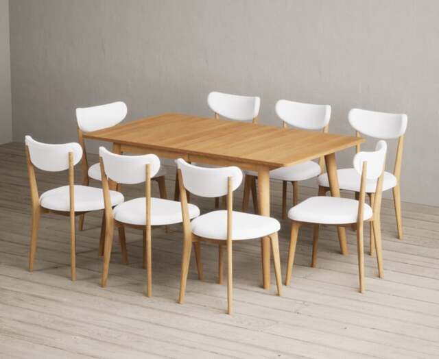 Extending Ruben 150cm Retro Oak Dining Table with 8 White Nordic Chairs