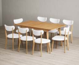 Extending Ruben 150cm Retro Oak Dining Table with 8 White Nordic Chairs