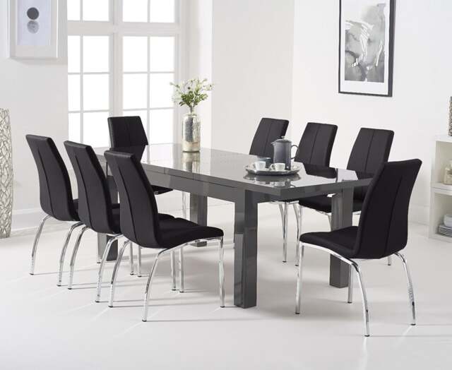 Extending Seattle Dark Grey Gloss 160-220cm Dining Table with 8 Black Marco Chairs