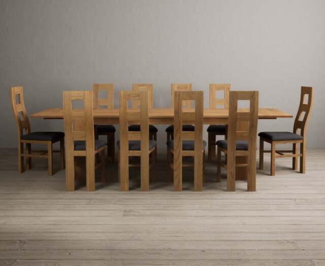 Extending Sheringham 200cm Solid Oak Table with 10 Charcoal Grey Natural Chairs