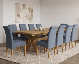 Extending Olympia 180cm Solid Oak Dining Table with 10 Blue Scroll Back Chairs