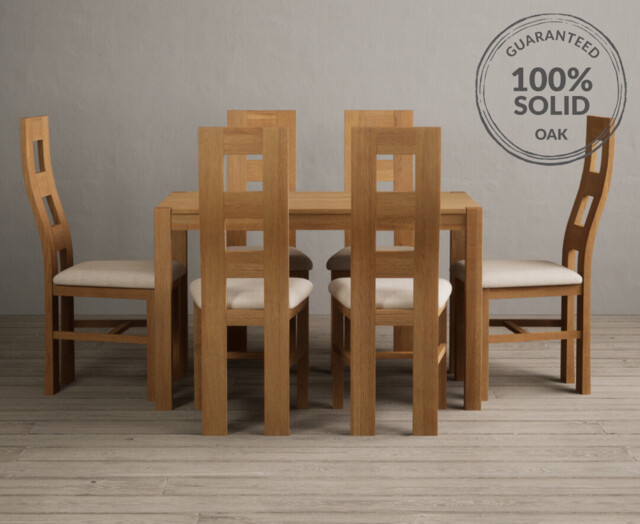 York 120cm Solid Oak Dining Table with 6 Linen Natural Chairs