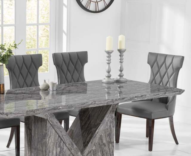 Milan 220cm Grey Marble Dining Table with 12 Grey Sophia Chairs
