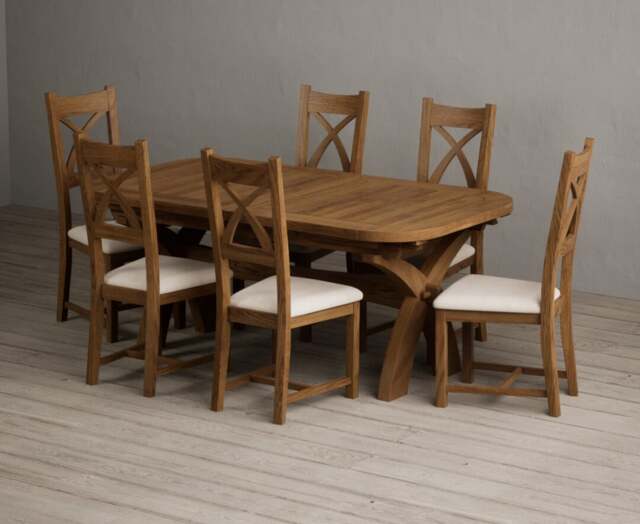 Extending Olympia 180cm Rustic Solid Oak Dining Table with 6 Linen Rustic Solid Oak Chairs