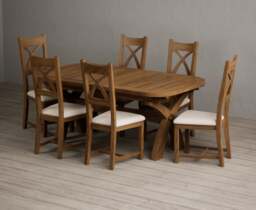 Extending Olympia 180cm Rustic Solid Oak Dining Table with 6 Linen Rustic Solid Oak Chairs
