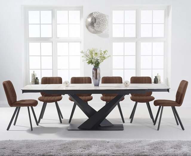 Extending Jacob 180cm White Ceramic Dining Table with 8 Brown Hendrick Chairs
