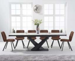 Extending Jacob 180cm White Ceramic Dining Table with 8 Brown Hendrick Chairs