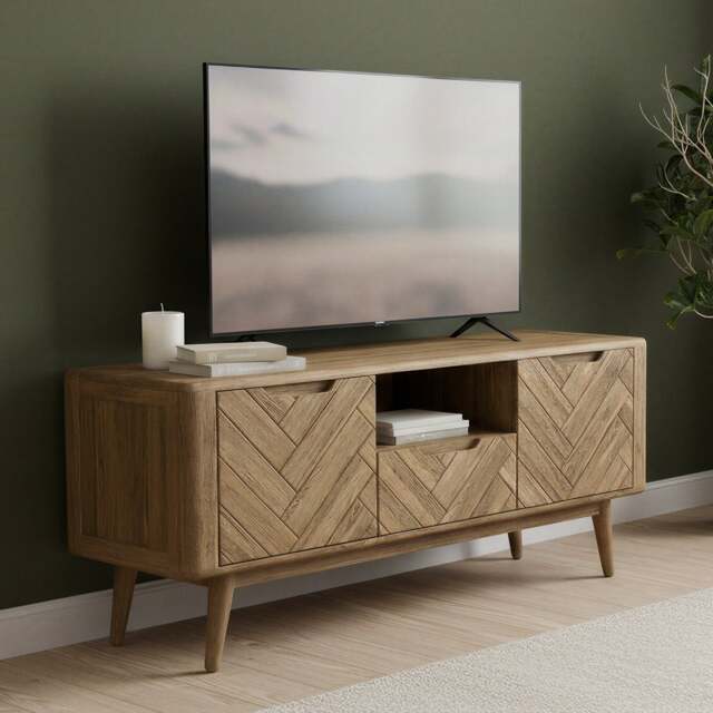 Solid Oak Large TV Cabinet - Herringbone Detail