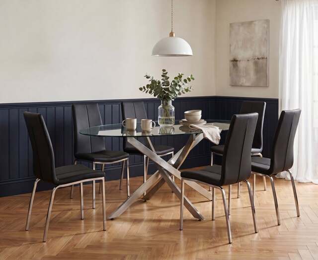 Bernini 165cm Oval Chrome Leg Glass Dining Table with 6 Black Marco Chairs
