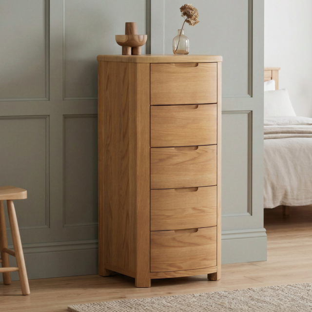Somerton Curved Solid Oak 5 Drawer Tallboy