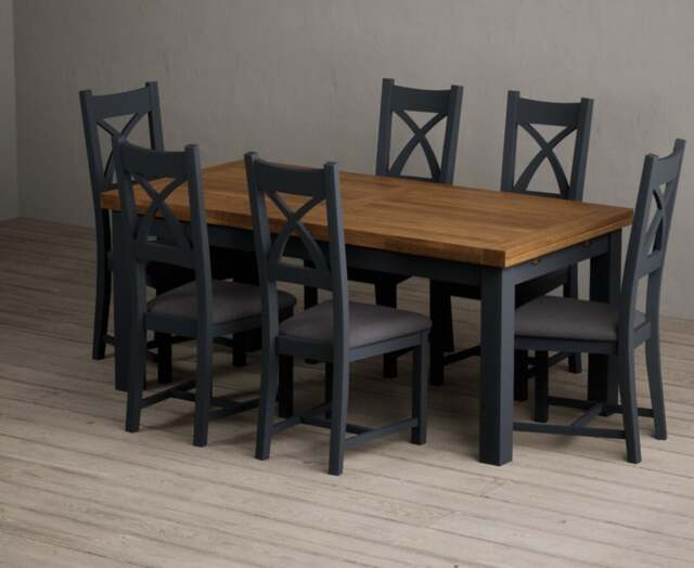 Extending Buxton 180cm Oak and Dark Blue Painted Dining Table with 8 Linen Painted Chairs