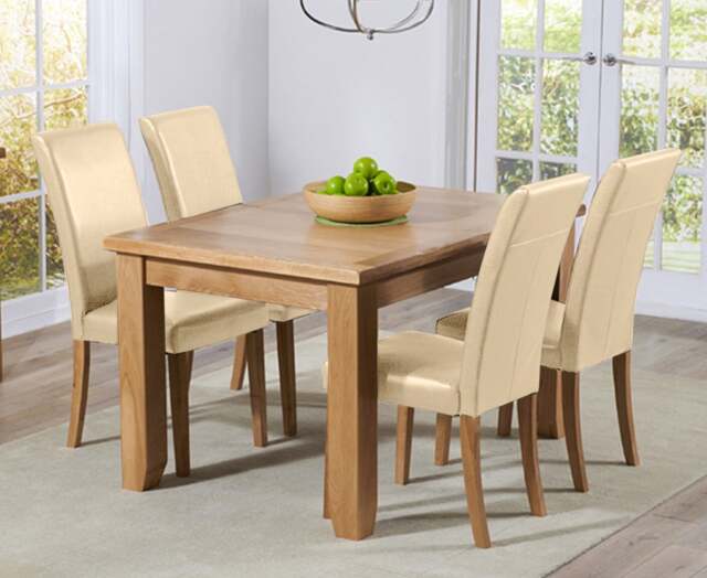 Extending Yateley 130cm Solid Oak Dining Table with 4 Cream Olivia Chairs