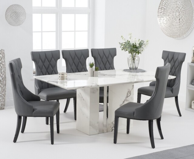 Alicia 180cm White Marble Dining Table with 4 Grey Sophia Chairs