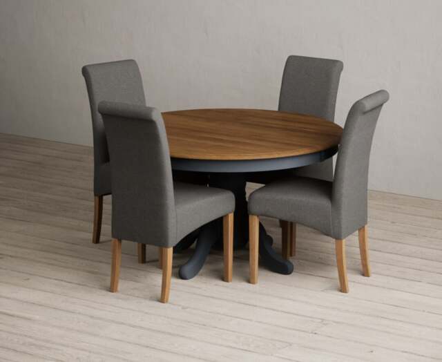 Hertford 120cm Fixed Top Oak and Dark Blue Painted Dining Table with 4 Blue Scroll Back Chairs