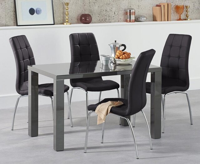 Seattle 120cm Dark Grey High Gloss Dining Table with 4 Cream Enzo Chairs
