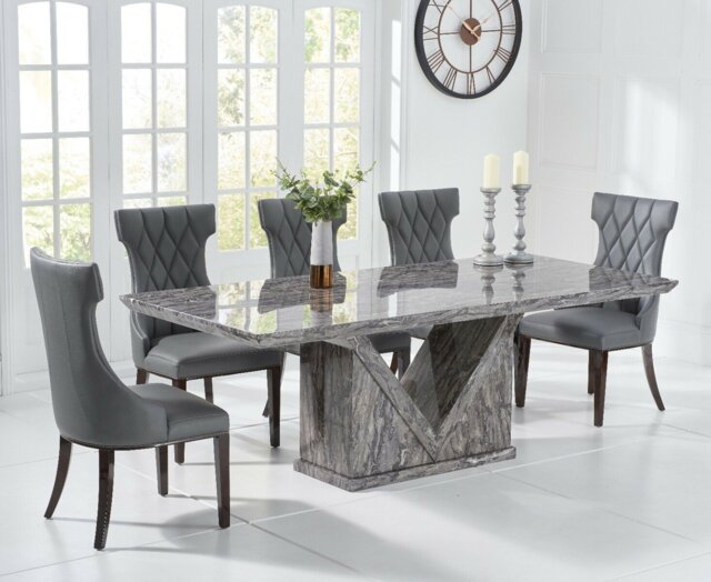 Milan 220cm Grey Marble Dining Table with 6 Grey Sophia Chairs
