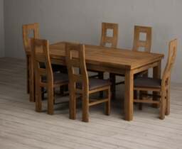 Extending Buxton 180cm Rustic Solid Oak Dining Table with 6 Brown Rustic Solid Oak Chairs