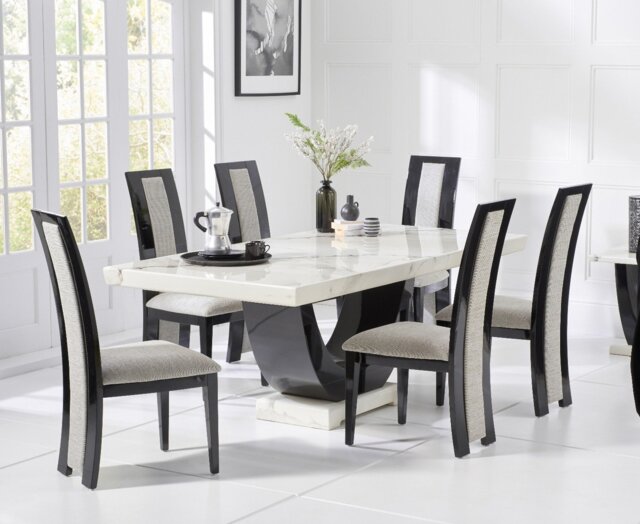 Novara 170cm White and Black Pedestal Marble Dining Table with 4 Black Novara Chairs