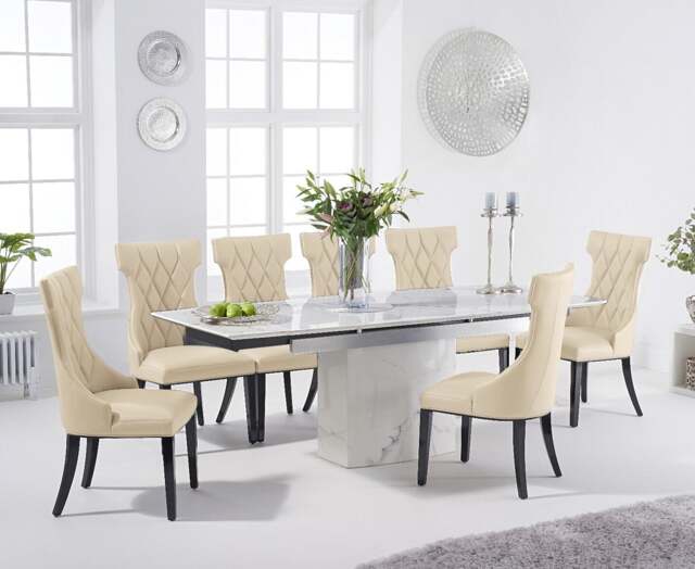 Extending Savona 160cm White Ceramic Dining Table with 4 Cream Sophia Chairs