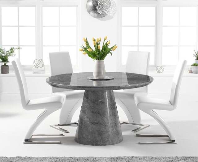 Ravello 130cm Round Grey Marble Dining Table with 6 White Aldo Chairs