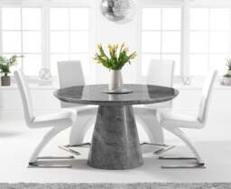 Ravello 130cm Round Grey Marble Dining Table with 6 White Aldo Chairs