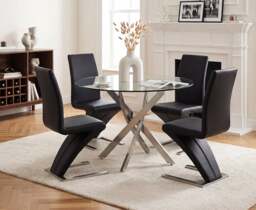 Bernini 110cm Glass Dining Table with 4 Black Aldo Chairs
