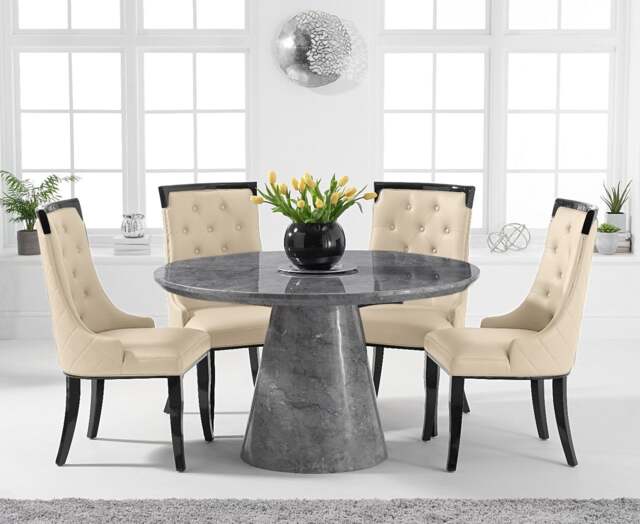 Ravello 130cm Round Grey Marble Dining Table with 6 Cream Francesca Chairs