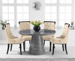 Ravello 130cm Round Grey Marble Dining Table with 6 Cream Francesca Chairs
