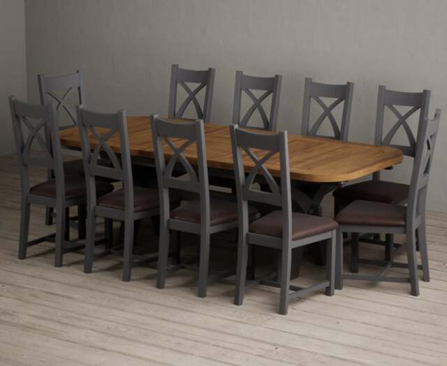 Extending Olympia 180cm Oak and Charcoal Grey Dining Table with 10 Brown Painted Chairs