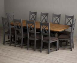 Extending Olympia 180cm Oak and Charcoal Grey Dining Table with 10 Brown Painted Chairs
