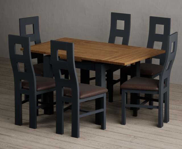 Extending Buxton 90cm Oak and Dark Blue Dining Table with 6 Brown Painted Chairs