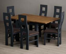 Extending Buxton 90cm Oak and Dark Blue Dining Table with 6 Brown Painted Chairs