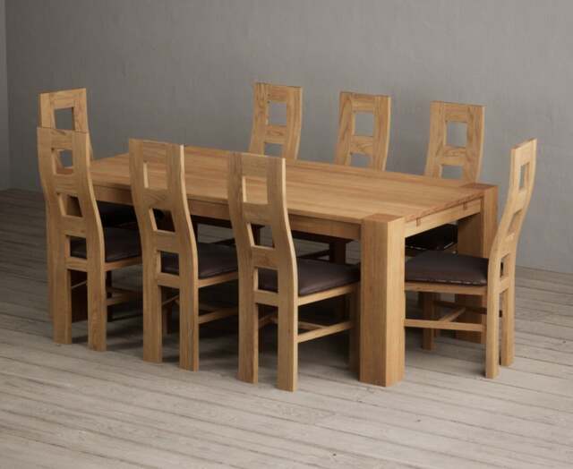 Sheringham 200cm Solid Oak Dining Table with 8 Brown Natural Chairs