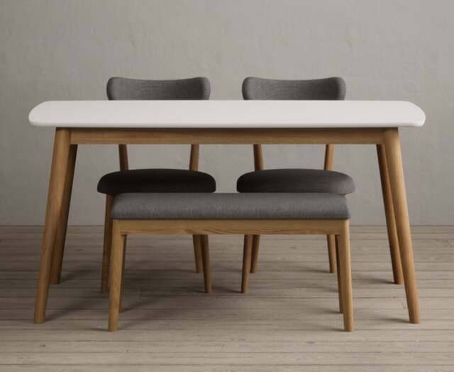 Nordic 150cm Solid Oak and Signal White Painted Dining Table with 2 Grey Nordic Chairs and 1 Grey Bench