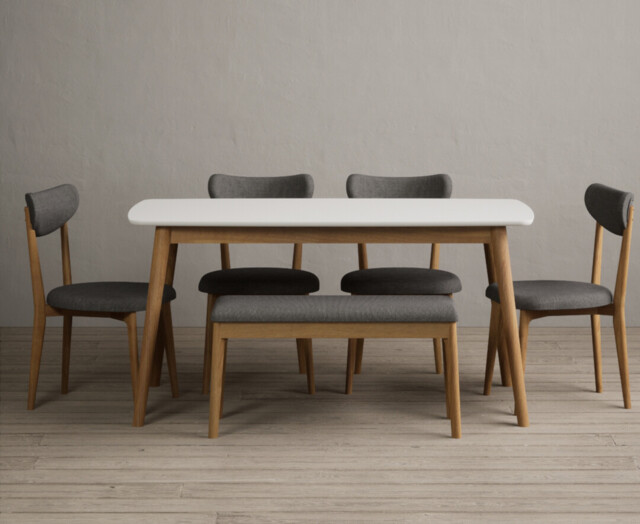 Nordic 150cm Solid Oak and Signal White Painted Dining Table with 2 Grey Nordic Chairs with 1 Grey Bench