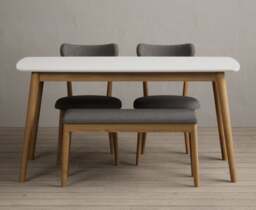 Nordic 150cm Solid Oak and Signal White Painted Dining Table with 2 Grey Nordic Chairs and 1 Grey Bench