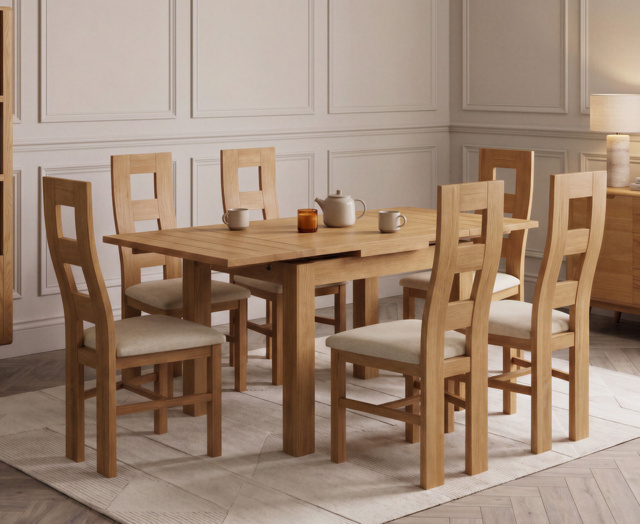 Extending Buxton 90cm Solid Oak Dining Table with 6 Linen Natural Chairs