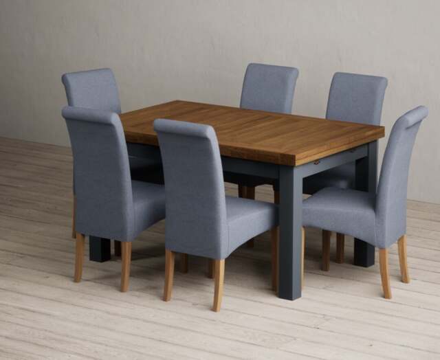 Extending Buxton 140cm Oak and Dark Blue Painted Dining Table with 6 Charcoal Grey Scroll Back Chairs