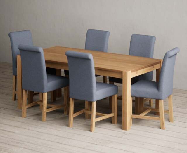 Thetford 180cm Solid Oak Dining Table with 6 Blue Scroll Back Chairs