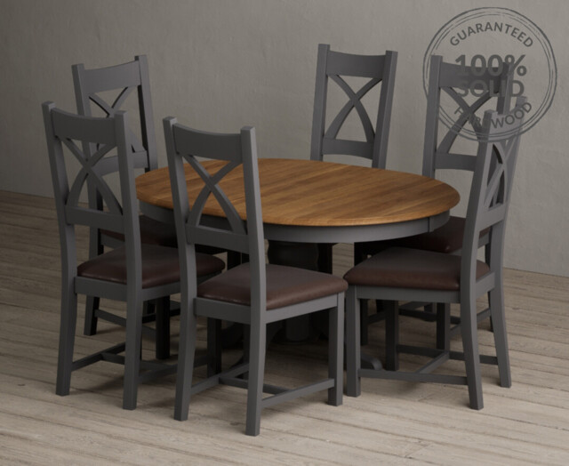 Extending Hertford 100cm - 130cm Oak and Charcoal Grey Painted Pedestal Dining Table with 6 Brown Painted Chairs