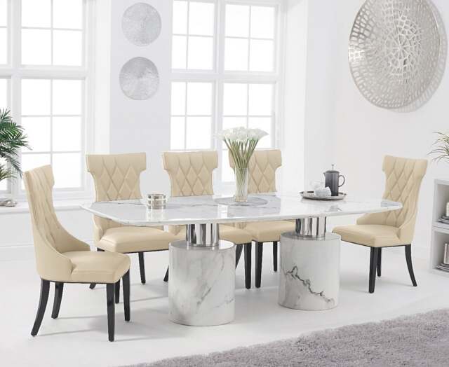 Antonio 220cm White Marble Table with 6 Cream Sophia Chairs