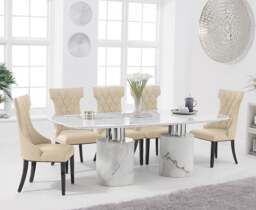 Antonio 220cm White Marble Table with 6 Cream Sophia Chairs