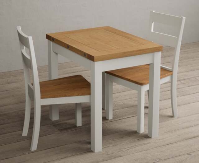 Extending Hadleigh Oak and Signal White Painted Dining Table with 2 Linen Kendal Chairs